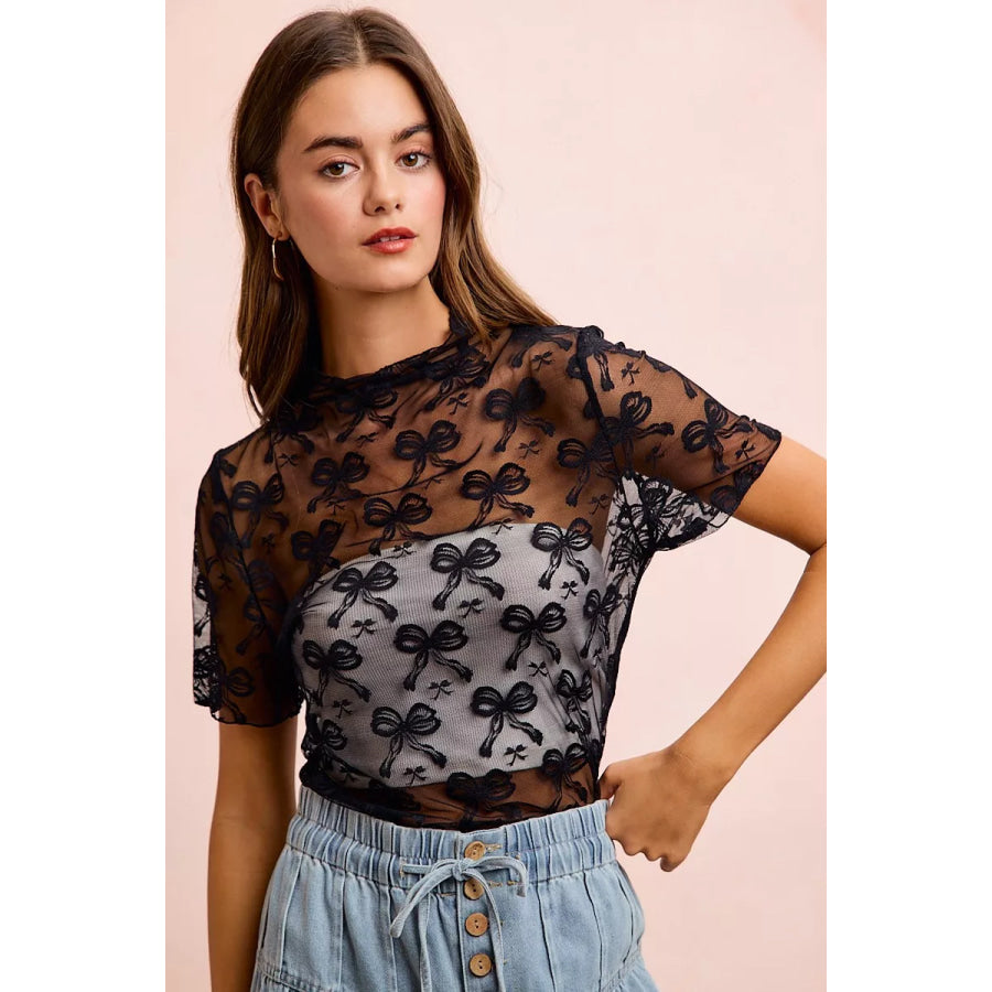 BiBi High Neckline Short Sleeves Bow Pattern Mesh Top Apparel and Accessories