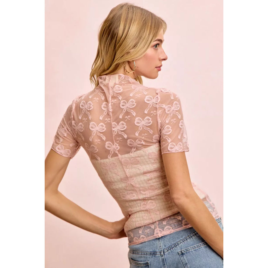 BiBi High Neckline Short Sleeves Bow Pattern Mesh Top Apparel and Accessories