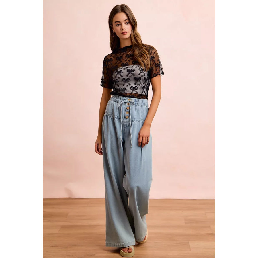BiBi High Neckline Short Sleeves Bow Pattern Mesh Top Apparel and Accessories