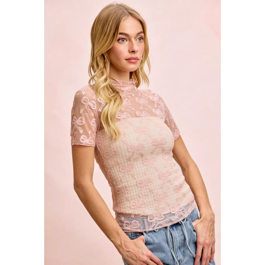 BiBi High Neckline Short Sleeves Bow Pattern Mesh Top Apparel and Accessories