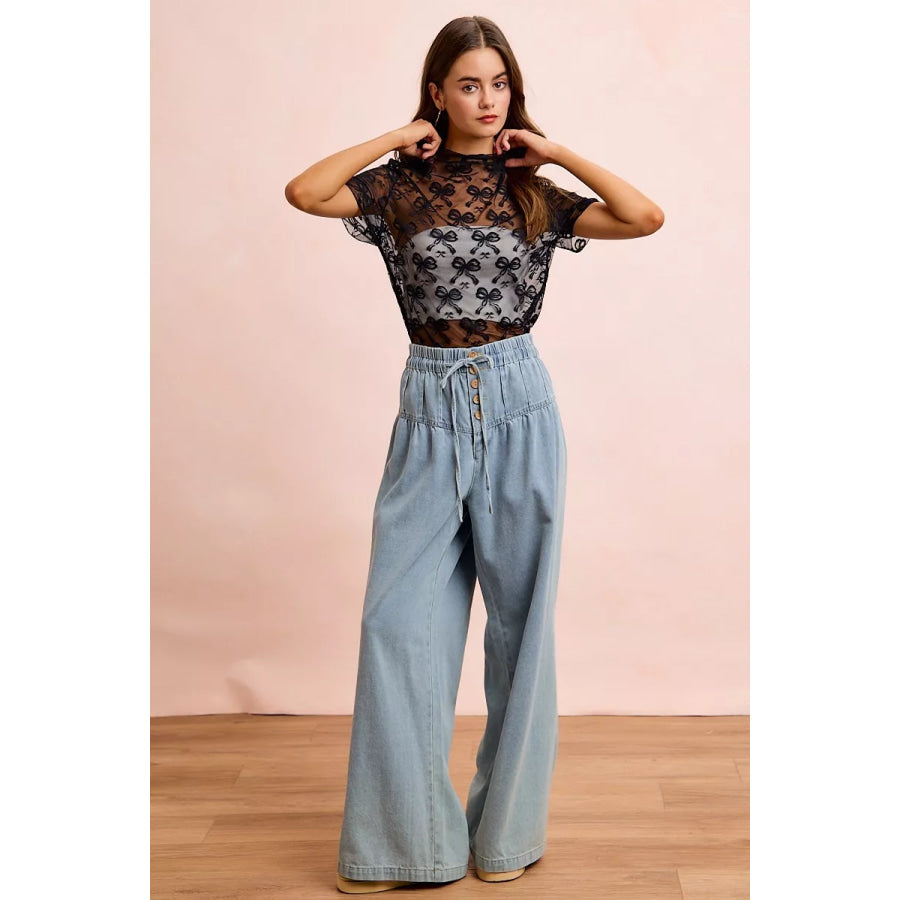 BiBi High Neckline Short Sleeves Bow Pattern Mesh Top Apparel and Accessories