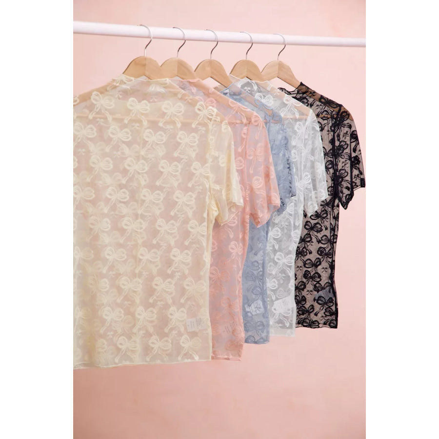 BiBi High Neckline Short Sleeves Bow Pattern Mesh Top Apparel and Accessories