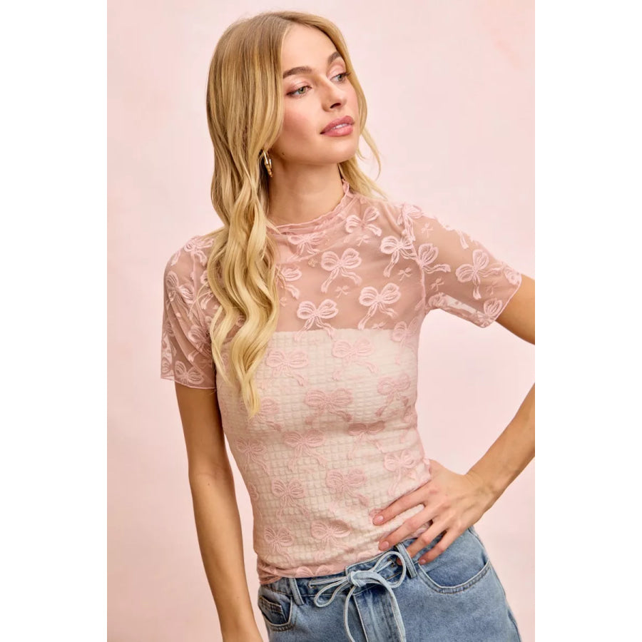 BiBi High Neckline Short Sleeves Bow Pattern Mesh Top Apparel and Accessories