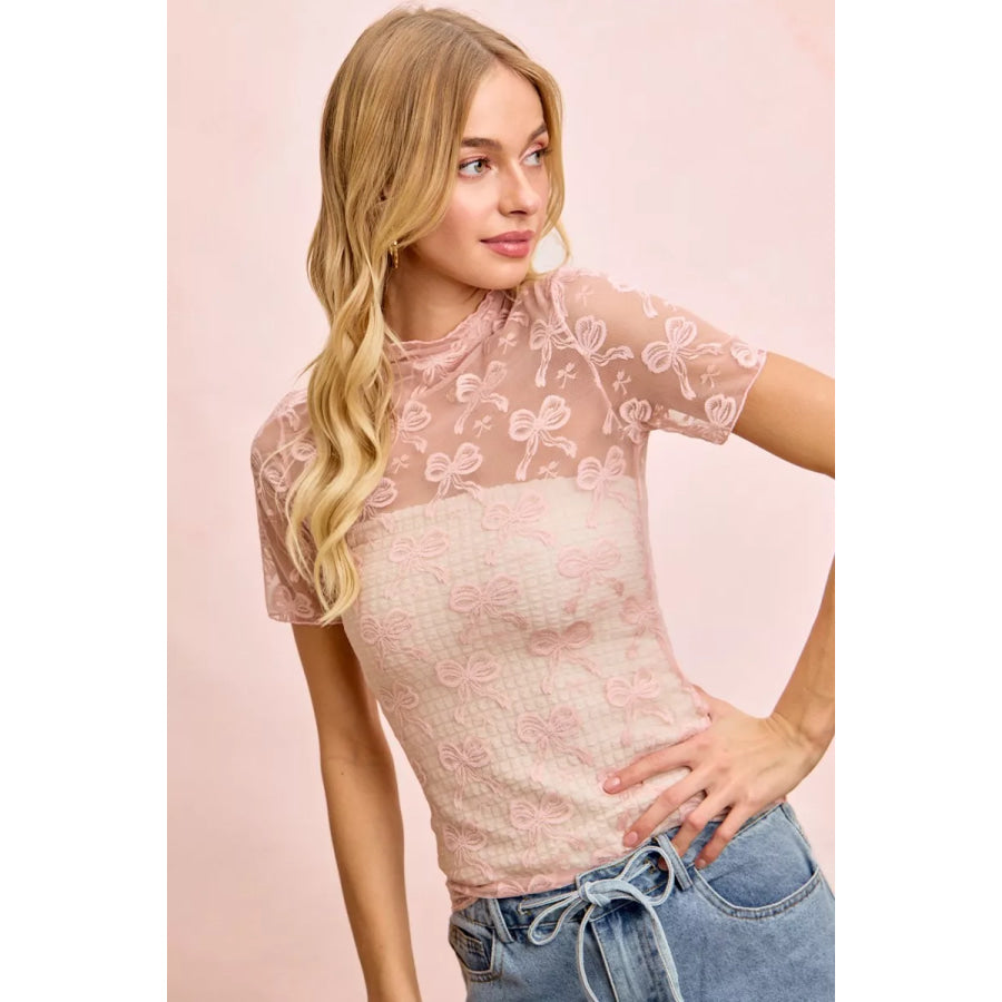 BiBi High Neckline Short Sleeves Bow Pattern Mesh Top Apparel and Accessories