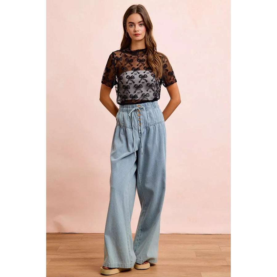 BiBi High Neckline Short Sleeves Bow Pattern Mesh Top Apparel and Accessories