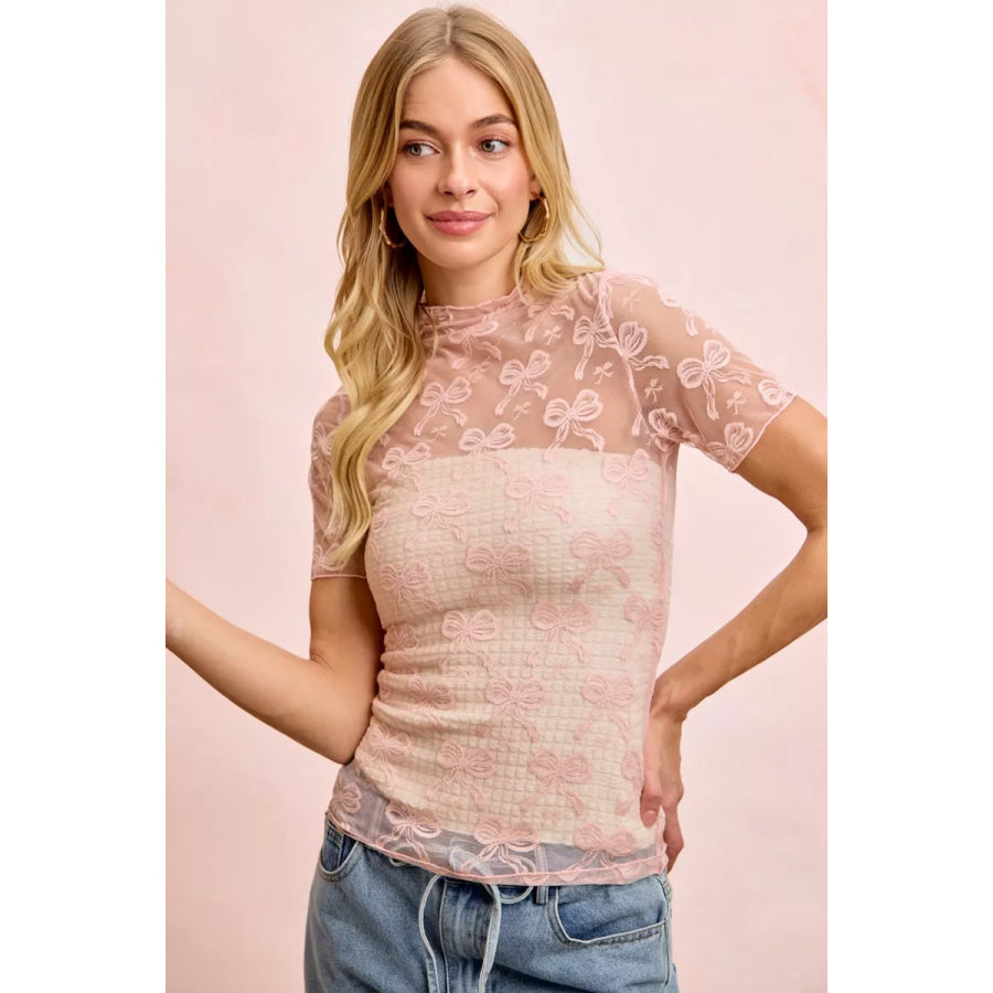 BiBi High Neckline Short Sleeves Bow Pattern Mesh Top DUSTY ROSE / S Apparel and Accessories