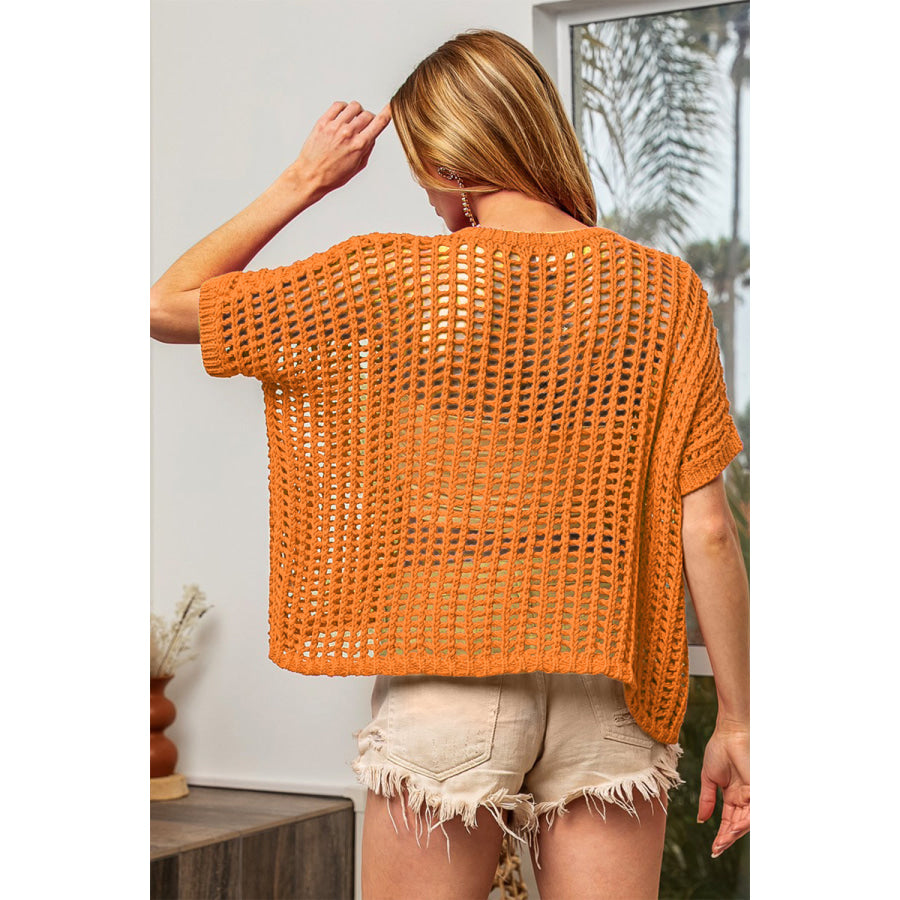 BiBi Hollowed Out Short Sleeve Knit Cover Up Apparel and Accessories