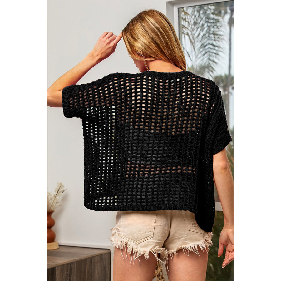 BiBi Hollowed Out Short Sleeve Knit Cover Up Apparel and Accessories