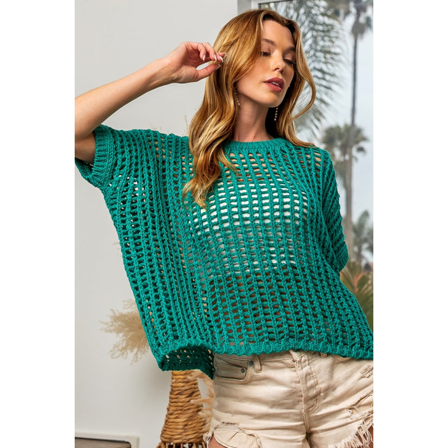 BiBi Hollowed Out Short Sleeve Knit Cover Up Apparel and Accessories