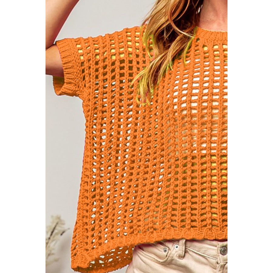 BiBi Hollowed Out Short Sleeve Knit Cover Up Apparel and Accessories