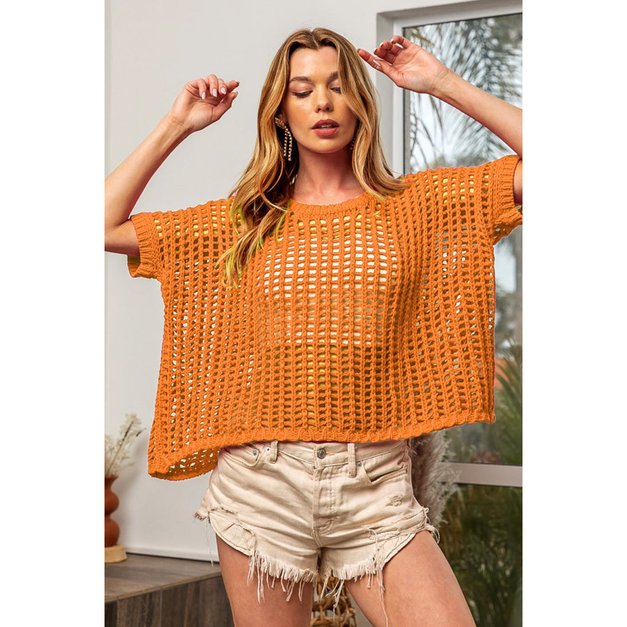 BiBi Hollowed Out Short Sleeve Knit Cover Up Orange / S Apparel and Accessories