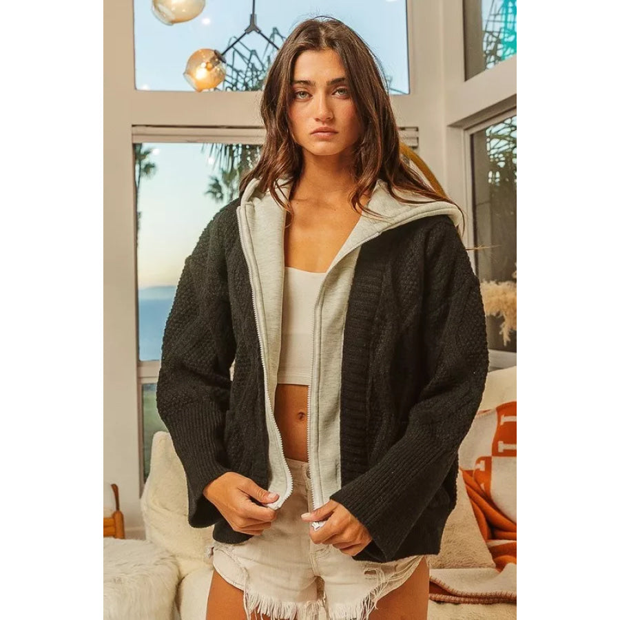 BiBi Knit Hoodie Rhombus Sweater Jacket BLACK/GREY / S Apparel and Accessories