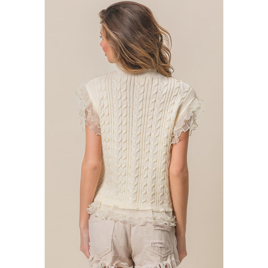 BiBi Layered Pleat Chiffon Edge Cable Knit Top Apparel and Accessories