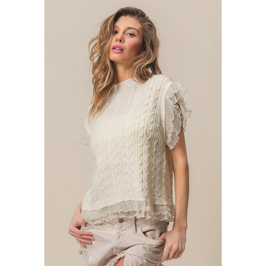 BiBi Layered Pleat Chiffon Edge Cable Knit Top Apparel and Accessories