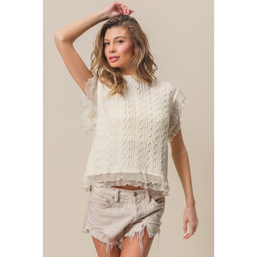 BiBi Layered Pleat Chiffon Edge Cable Knit Top Apparel and Accessories