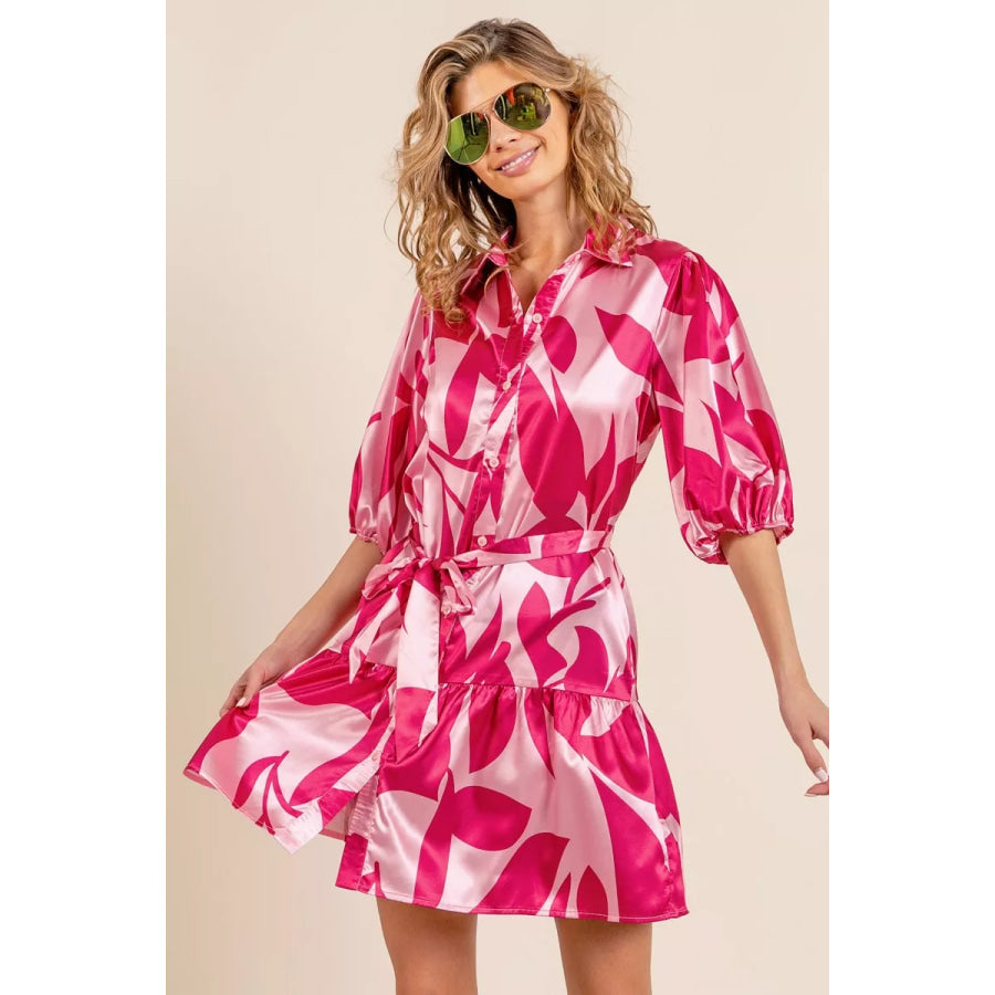 BiBi Leaf Pattern Collared Satin Dress Fuchsia Multi / S Apparel and Accessories