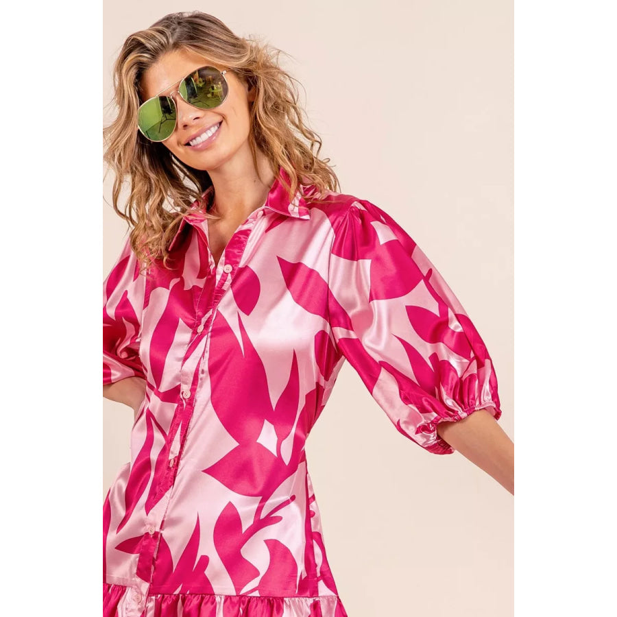 BiBi Leaf Pattern Collared Satin Dress Apparel and Accessories