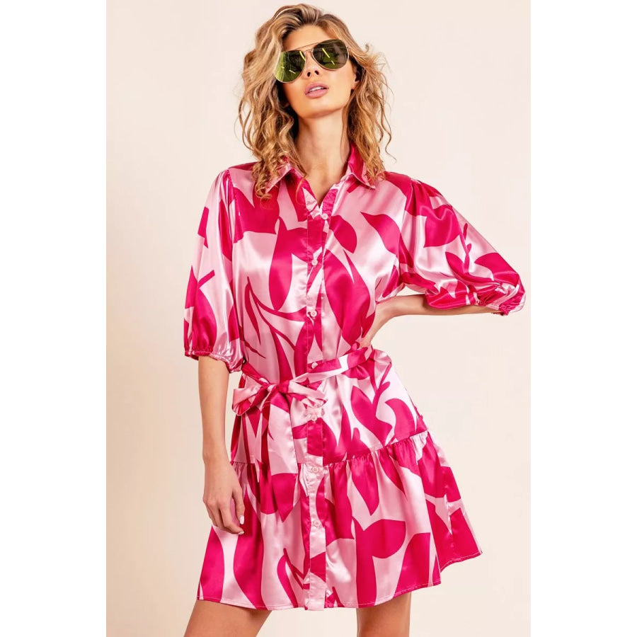BiBi Leaf Pattern Collared Satin Dress Fuchsia Multi / S Apparel and Accessories
