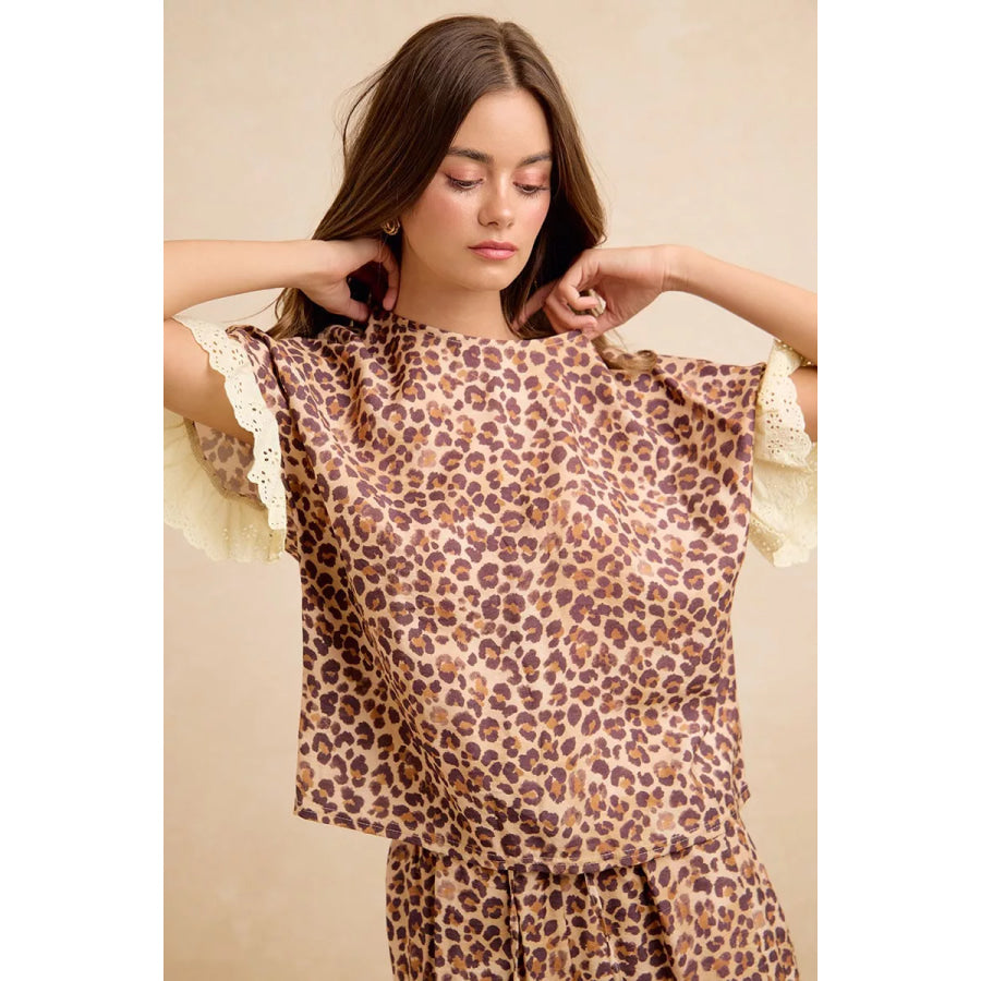 BiBi Leopard and Eyelet Lace Ruffled Top and Shorts Set Apparel and Accessories