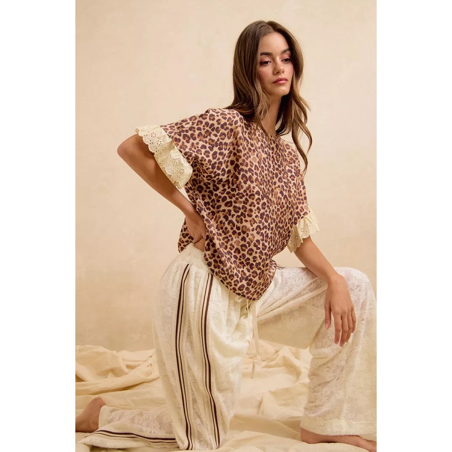 BiBi Leopard and Eyelet Lace Ruffled Top and Shorts Set Apparel and Accessories