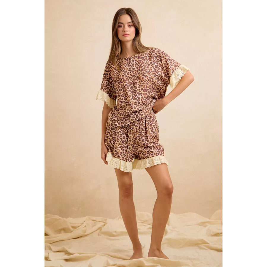 BiBi Leopard and Eyelet Lace Ruffled Top and Shorts Set Apparel and Accessories