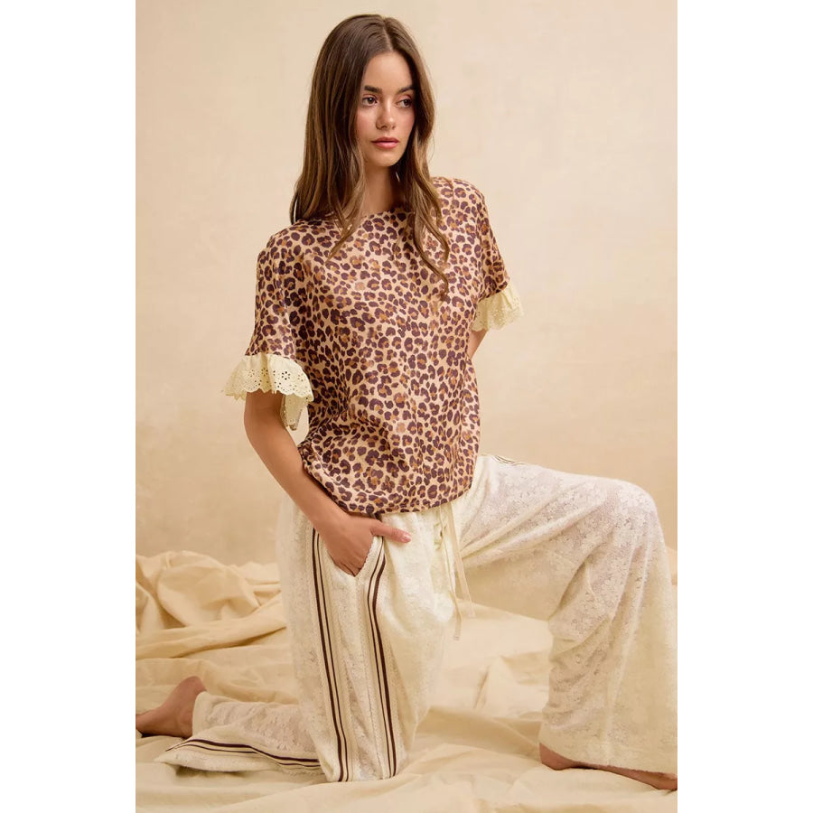 BiBi Leopard and Eyelet Lace Ruffled Top and Shorts Set Apparel and Accessories