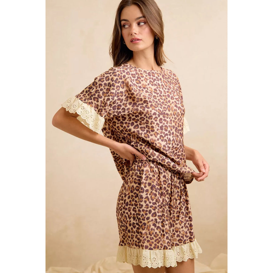 BiBi Leopard and Eyelet Lace Ruffled Top and Shorts Set Apparel and Accessories