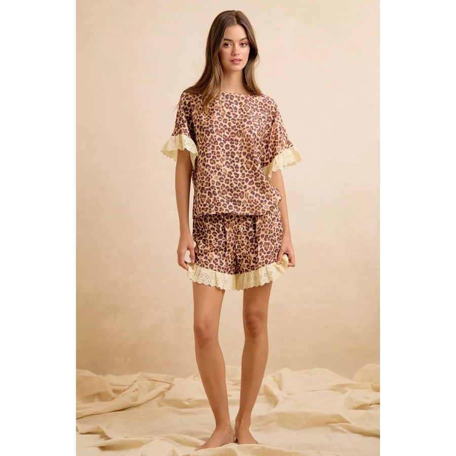 BiBi Leopard and Eyelet Lace Ruffled Top and Shorts Set Apparel and Accessories