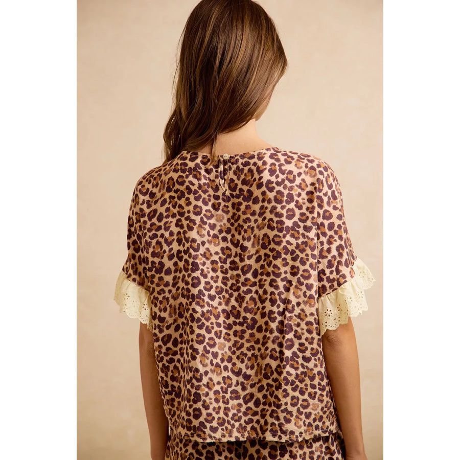 BiBi Leopard and Eyelet Lace Ruffled Top and Shorts Set Apparel and Accessories