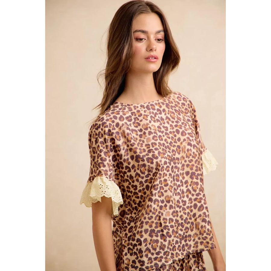 BiBi Leopard and Eyelet Lace Ruffled Top and Shorts Set Apparel and Accessories