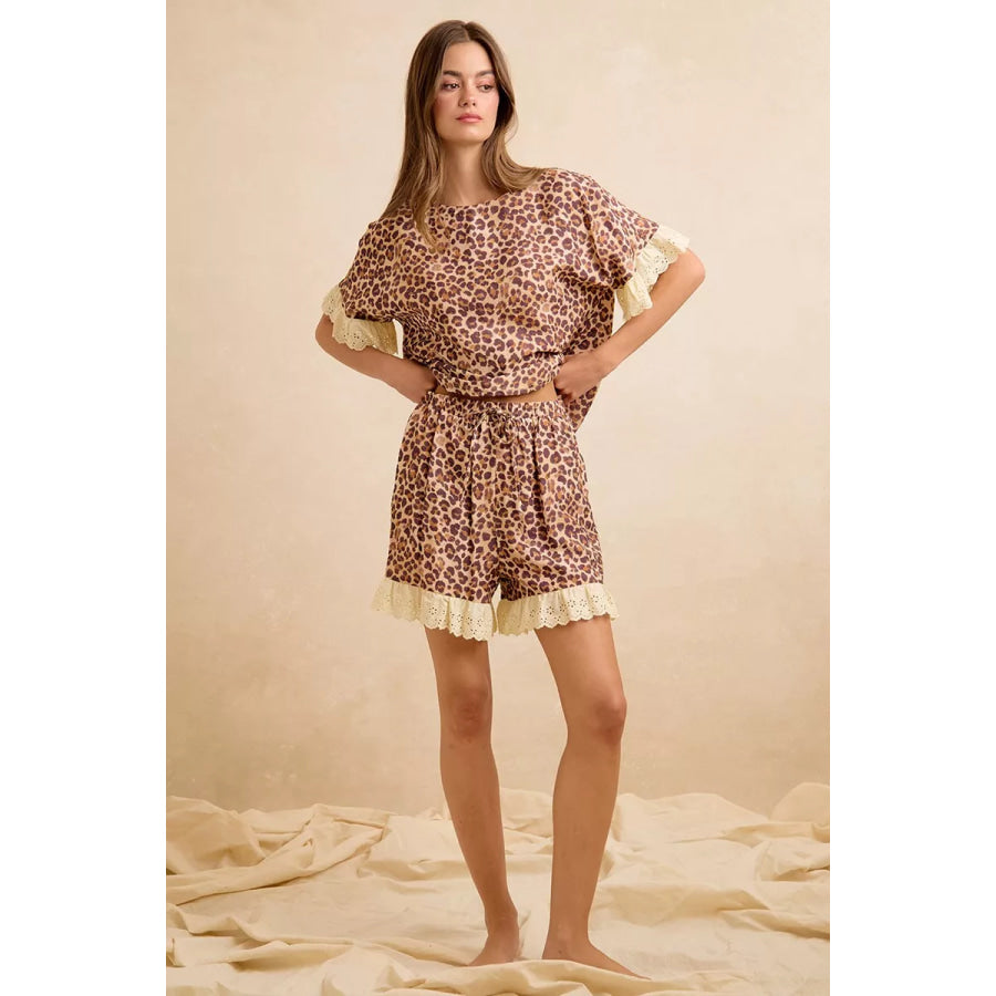 BiBi Leopard and Eyelet Lace Ruffled Top and Shorts Set LEOPARD / S Apparel and Accessories