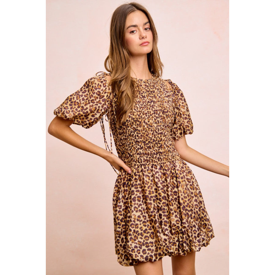BiBi Leopard Bow Tie Attachable Puff Sleeves Dress Apparel and Accessories