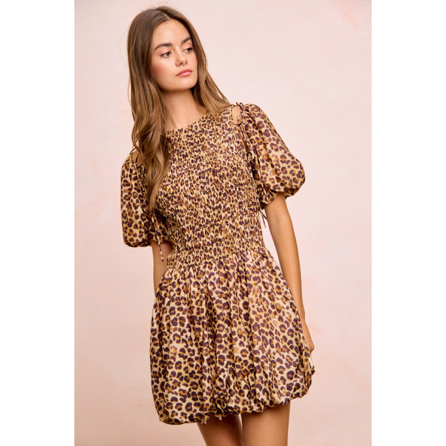 BiBi Leopard Bow Tie Attachable Puff Sleeves Dress Apparel and Accessories