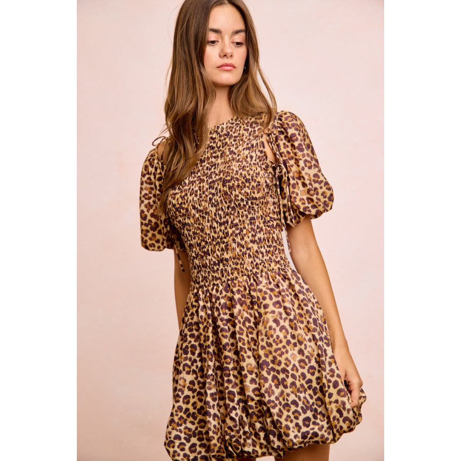 BiBi Leopard Bow Tie Attachable Puff Sleeves Dress Apparel and Accessories