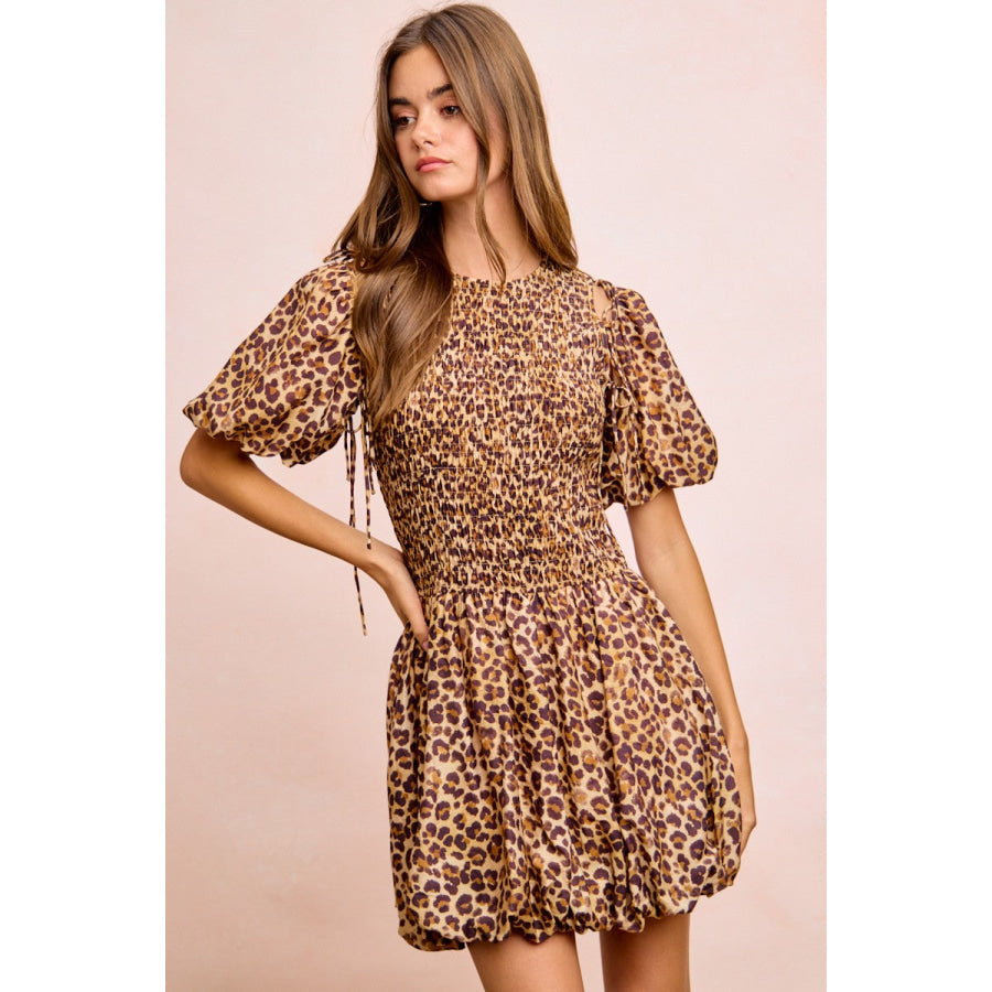 BiBi Leopard Bow Tie Attachable Puff Sleeves Dress Apparel and Accessories