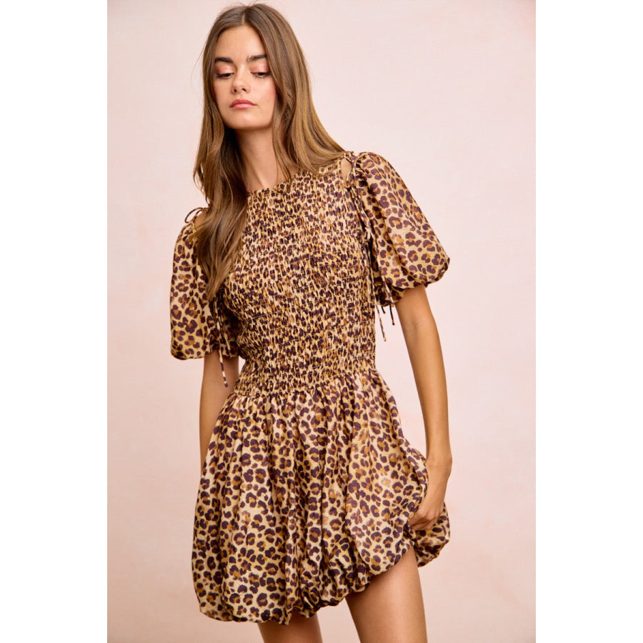 BiBi Leopard Bow Tie Attachable Puff Sleeves Dress Apparel and Accessories