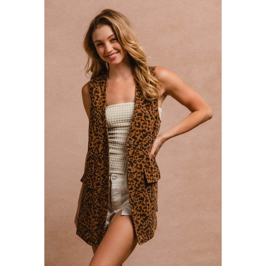 BiBi Leopard Button Up Denim Vest Apparel and Accessories