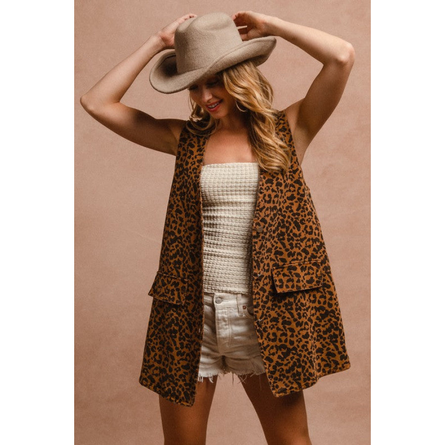 BiBi Leopard Button Up Denim Vest Apparel and Accessories