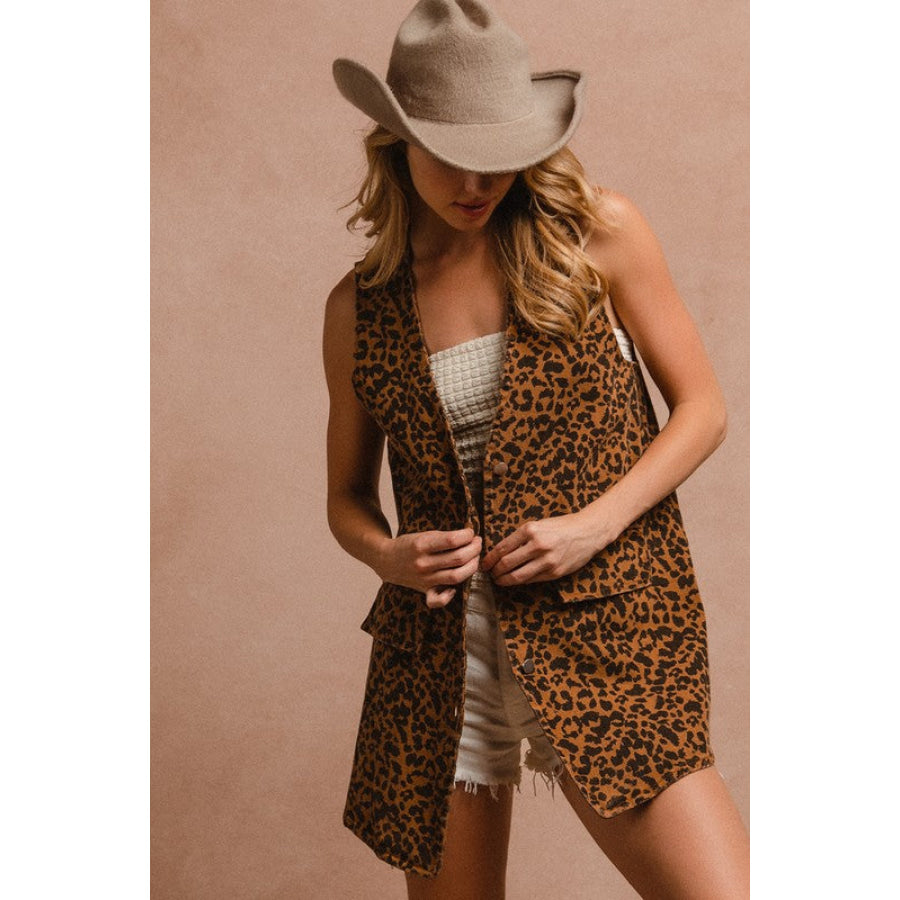 BiBi Leopard Button Up Denim Vest Apparel and Accessories