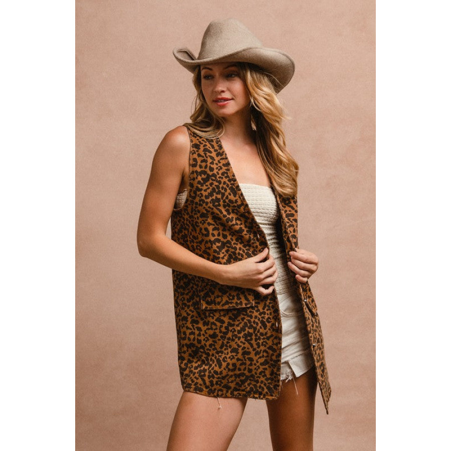 BiBi Leopard Button Up Denim Vest Apparel and Accessories