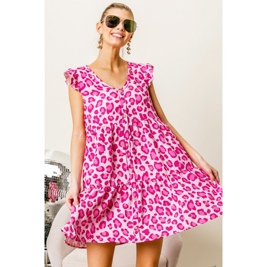 BiBi Leopard Cap Sleeve Tiered Mini Dress Pink/Fuchsia / S Apparel and Accessories