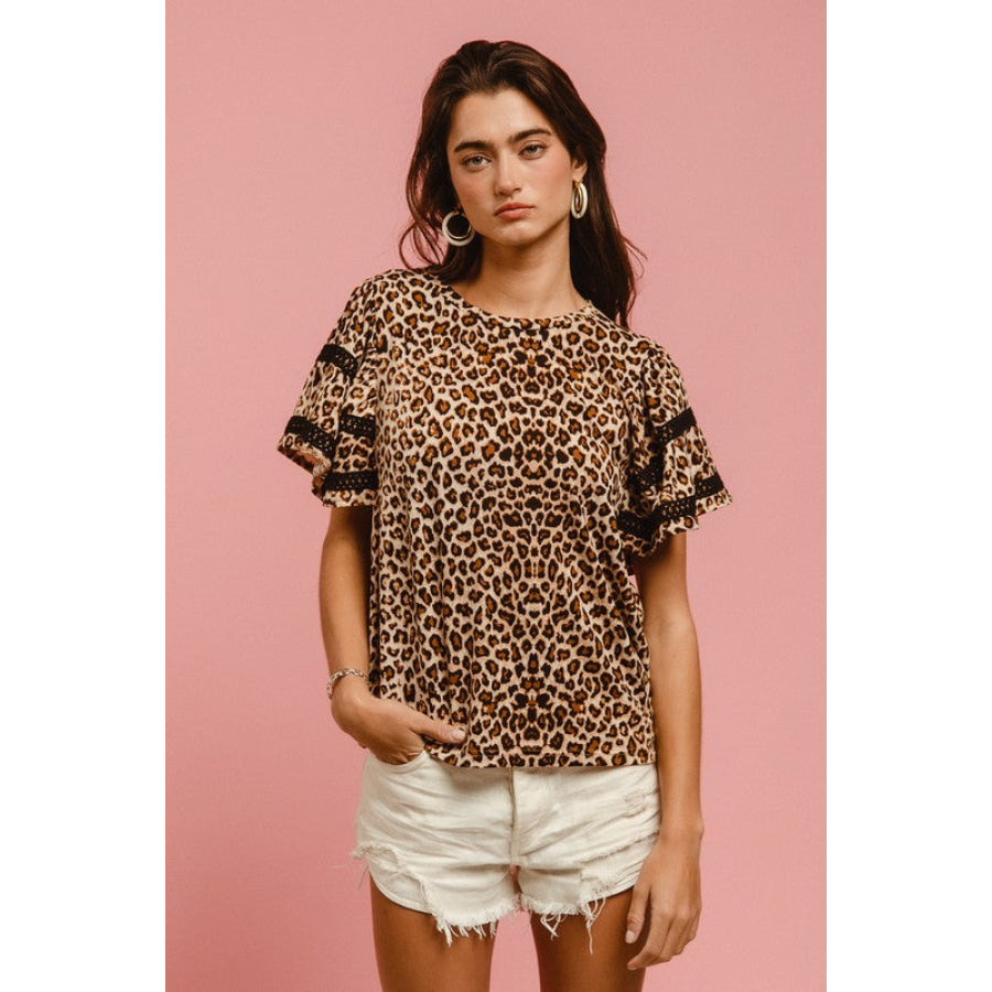 BiBi Leopard Crochet Trim Round Neck Short Sleeve Top Apparel and Accessories