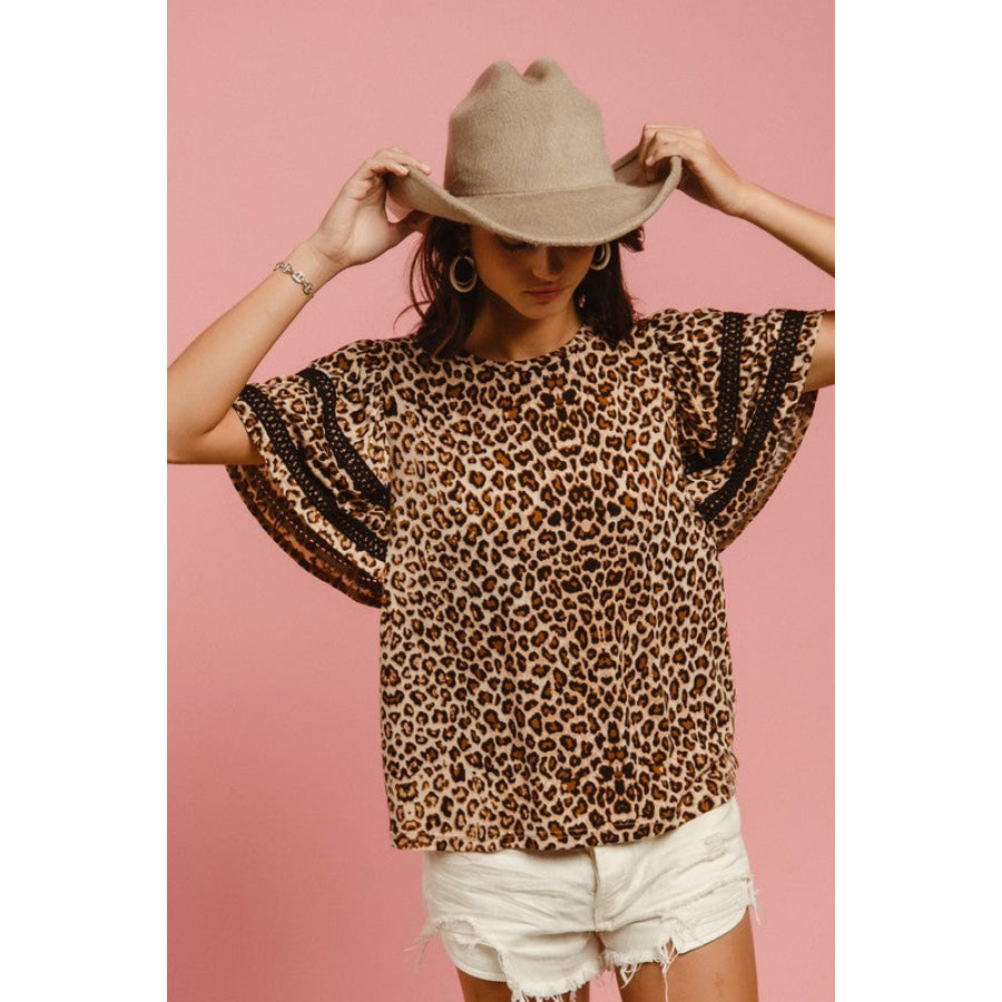 BiBi Leopard Crochet Trim Round Neck Short Sleeve Top Apparel and Accessories