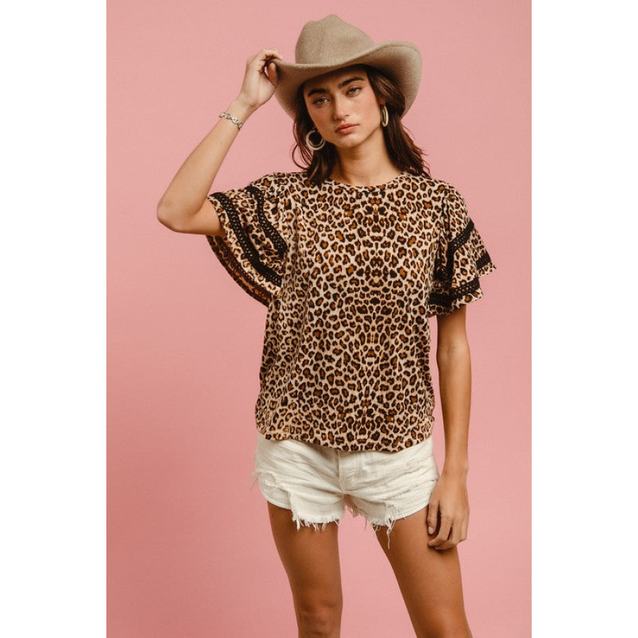 BiBi Leopard Crochet Trim Round Neck Short Sleeve Top Apparel and Accessories