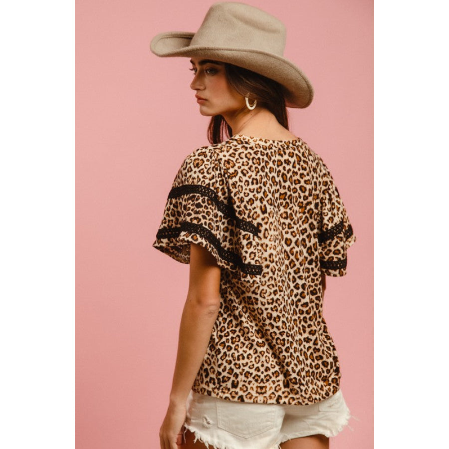 BiBi Leopard Crochet Trim Round Neck Short Sleeve Top Apparel and Accessories