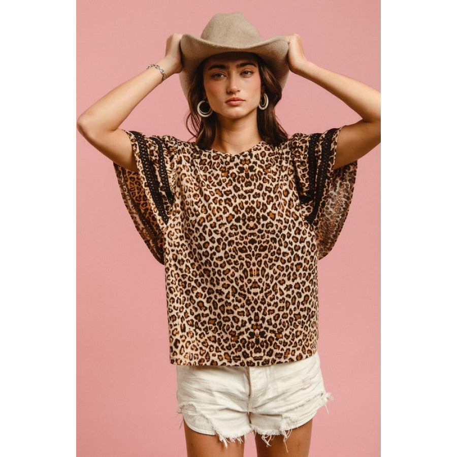 BiBi Leopard Crochet Trim Round Neck Short Sleeve Top Leopard / S Apparel and Accessories