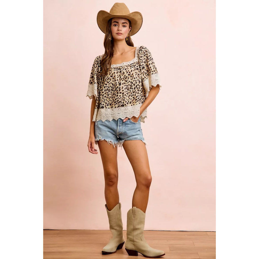 BiBi Leopard Lace Mix And Match Square Neckline Top Apparel and Accessories