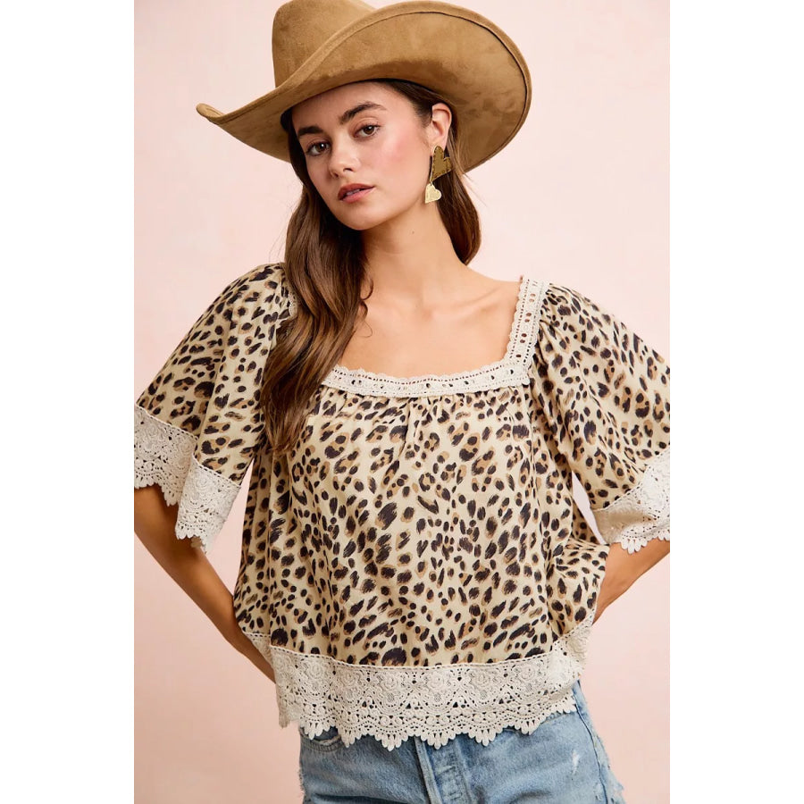 BiBi Leopard Lace Mix And Match Square Neckline Top Apparel and Accessories
