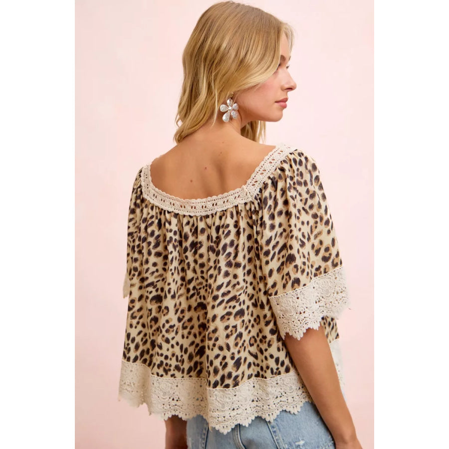 BiBi Leopard Lace Mix And Match Square Neckline Top Apparel and Accessories
