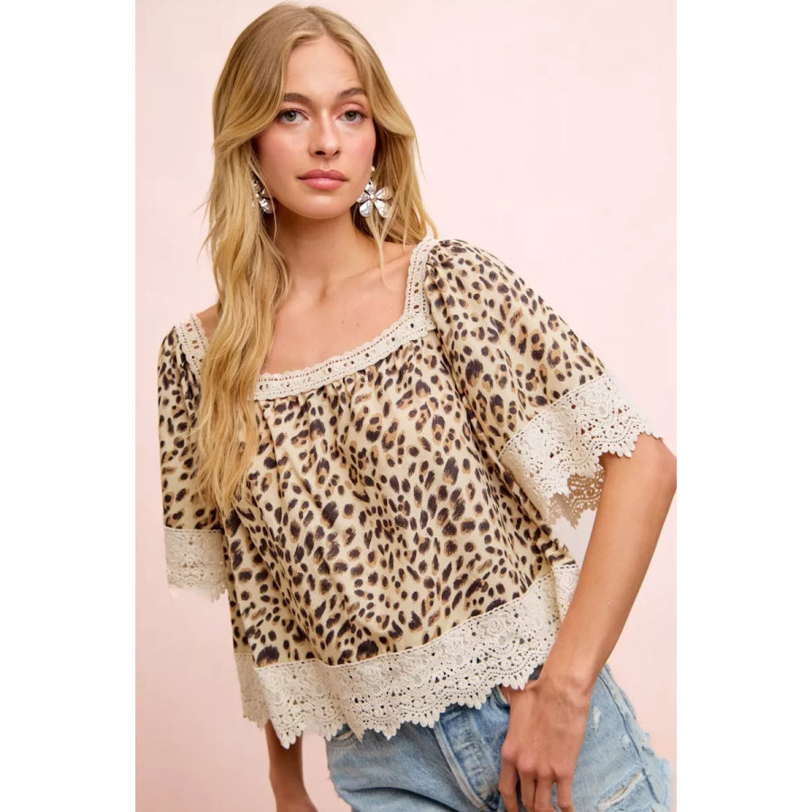 BiBi Leopard Lace Mix And Match Square Neckline Top Leopard / S Apparel and Accessories